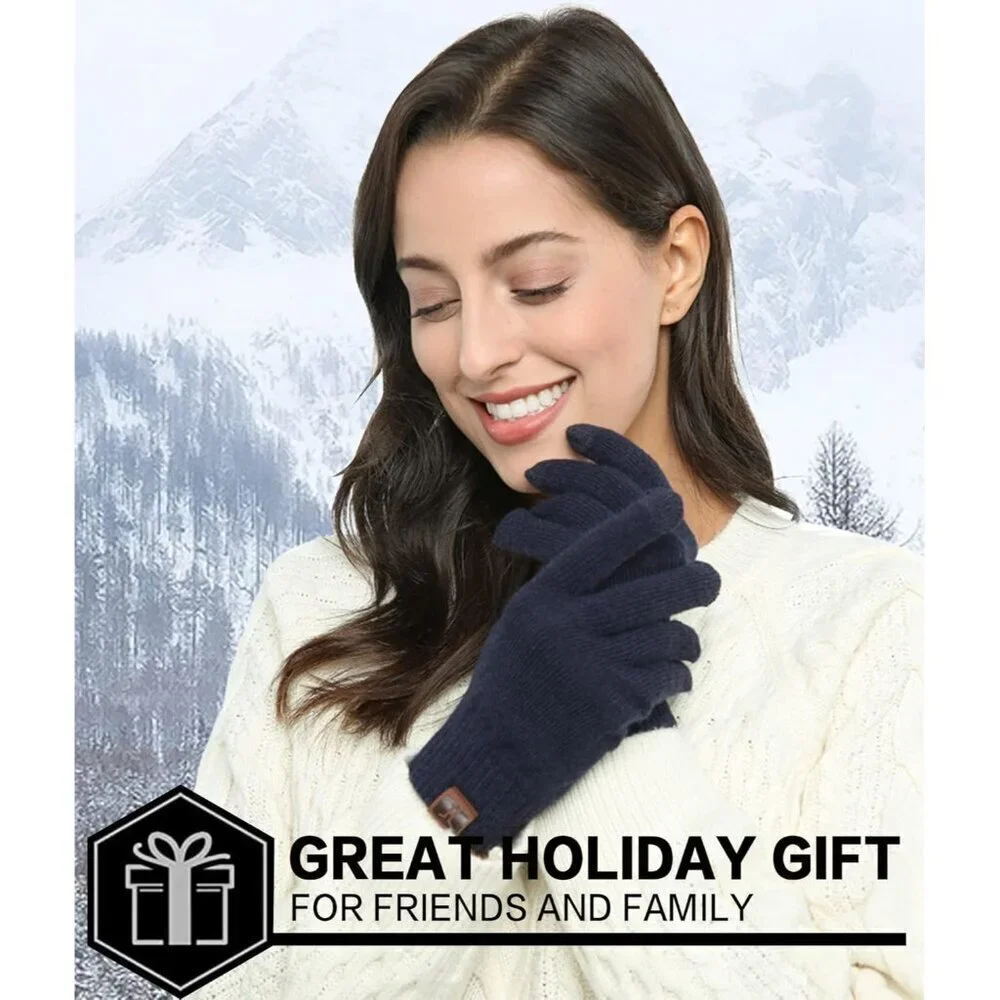 Women's Navy Blue Winter Touchscreen Wool Magic Warm Knit Fleece Lined Gloves